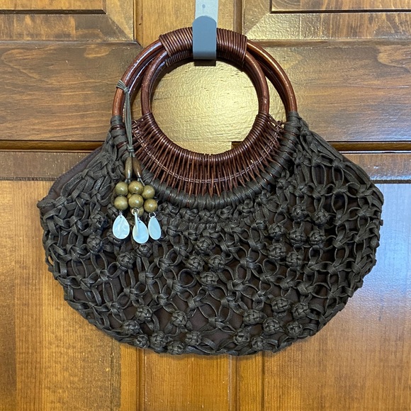 Coldwater Creek Macrame’ Brown mid-size bag with dual Round wicker handles BOHO - Picture 2 of 11